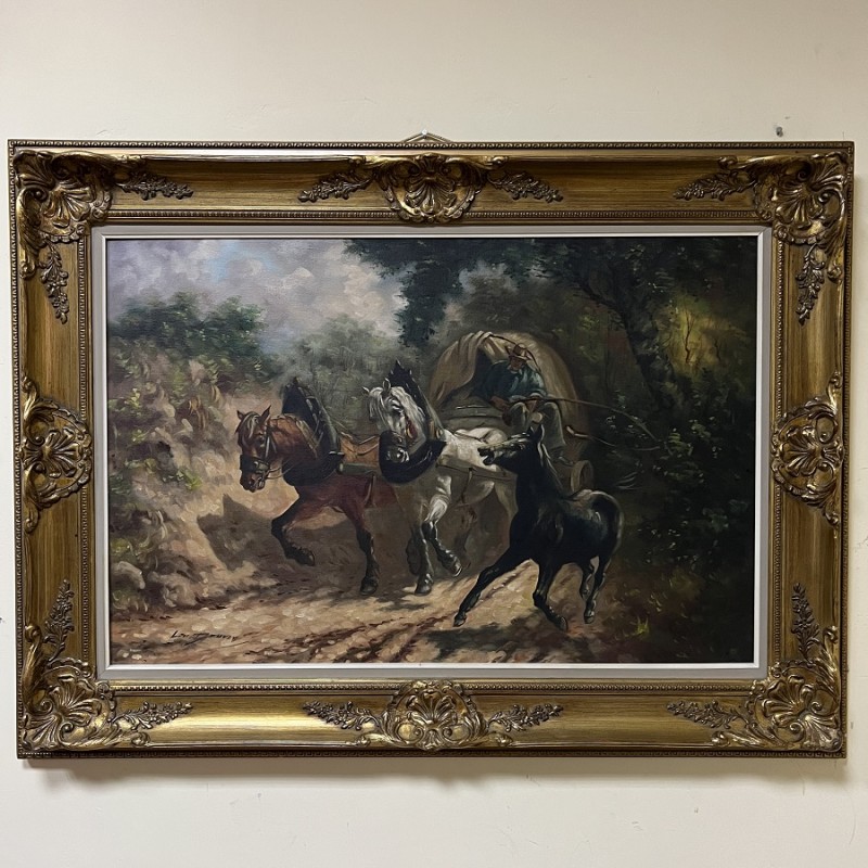Картина "Трійка коней в упряжці" маслом на полотні