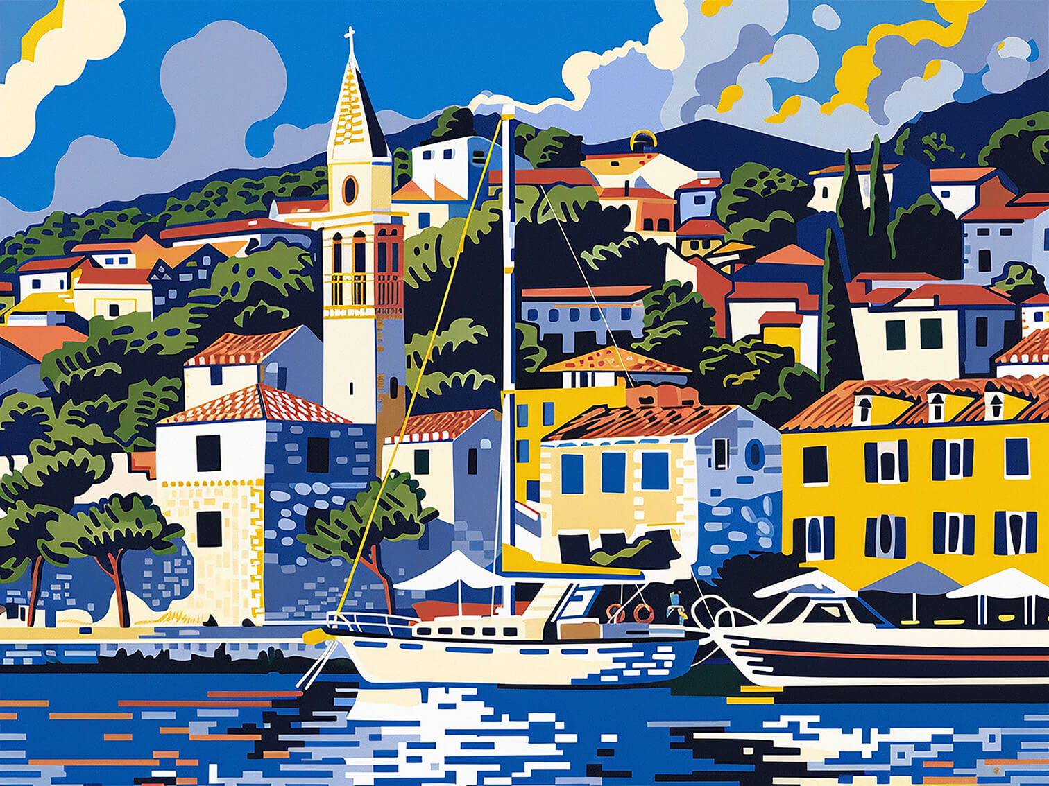 Autumn in a seaside town, 60x80 cm, original acrylic painting on canvas