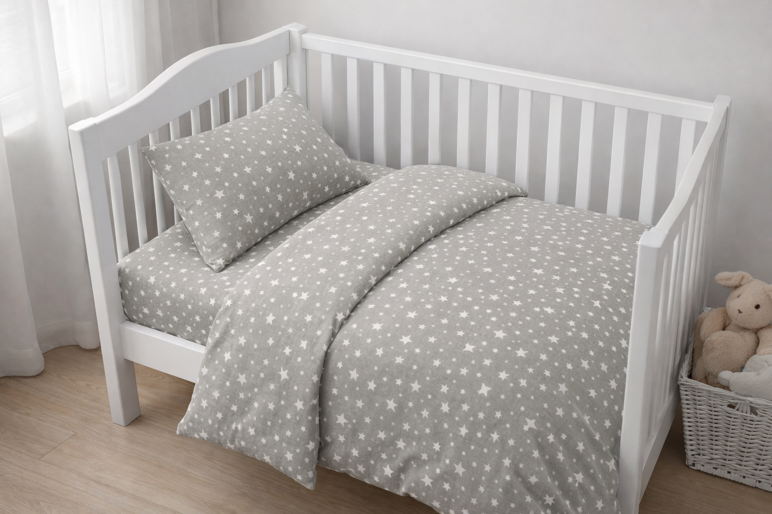 Постільна білизна  в ліжечко  ранфорс принт  "Білі зірки на бежевому"