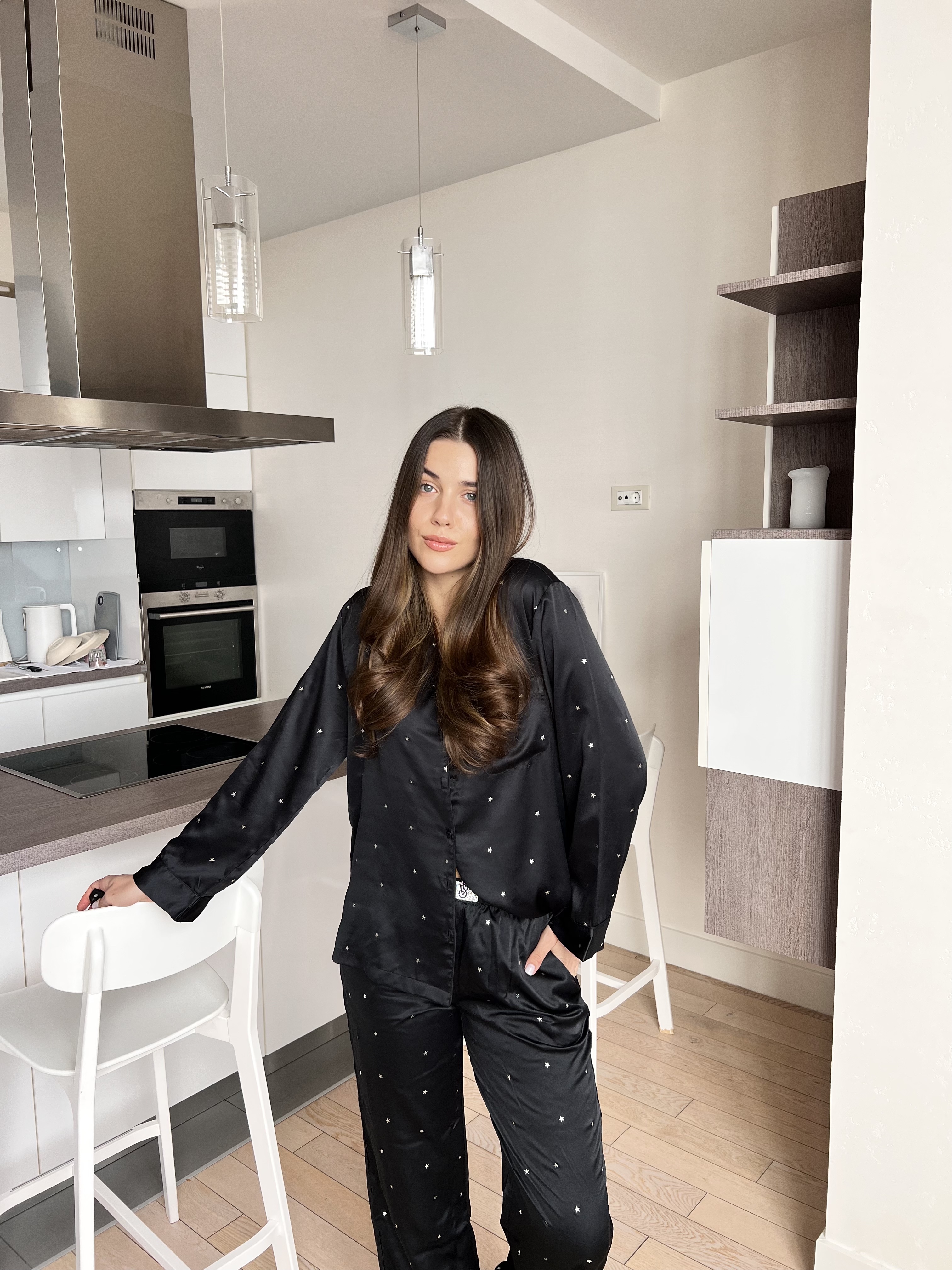 Піжама сатинова Glazed Satin Dew Drop Long Pajama Set Black
