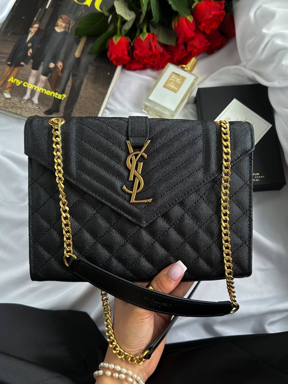 Yves Saint Laurent Envelope Medium In Quilted Grain De Poudre Emboss