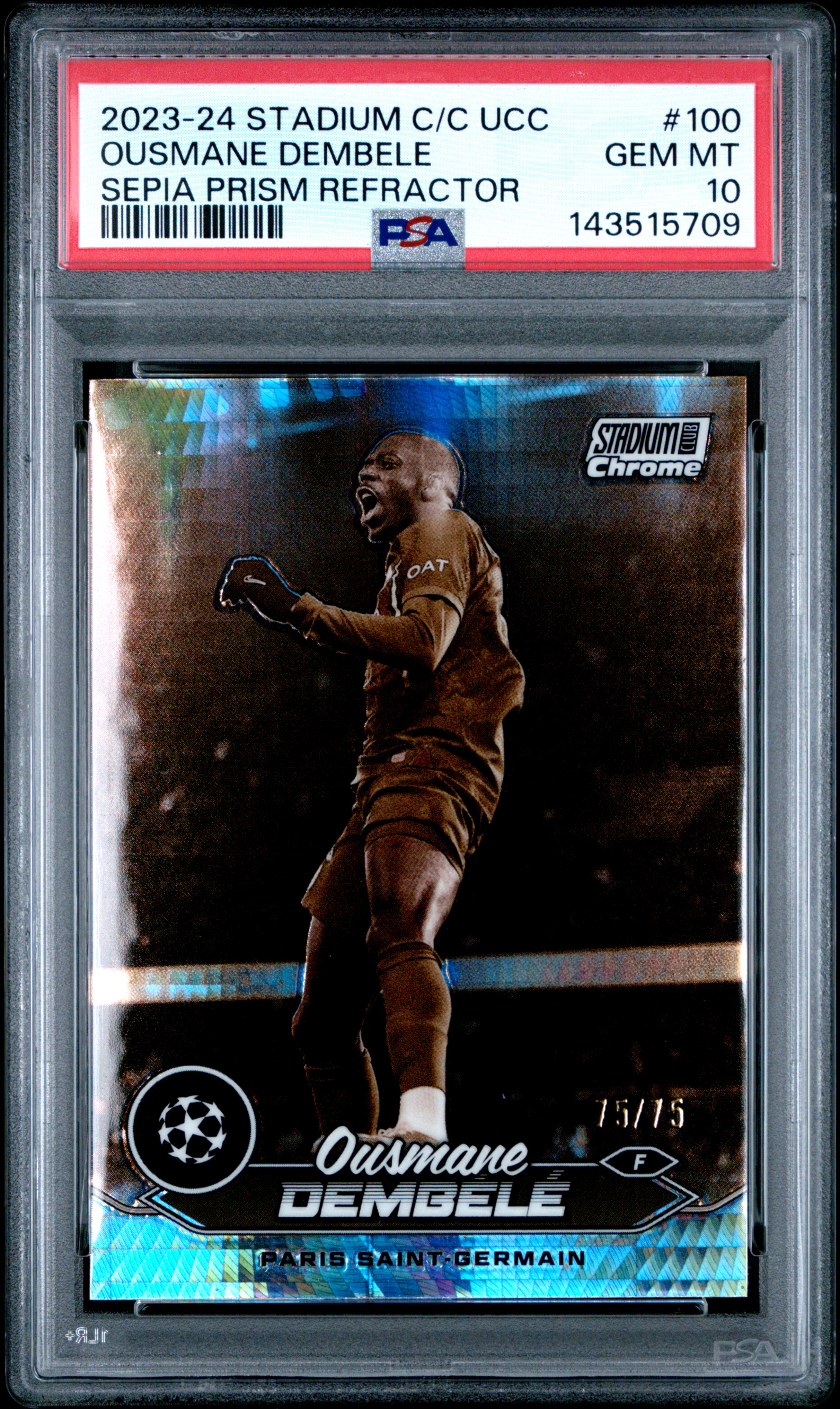 Ousmane Dembélé 2023-24 Topps Stadium Club Chrome UEFA Sepia Prism Refractor #100 /75 – PSA 10 