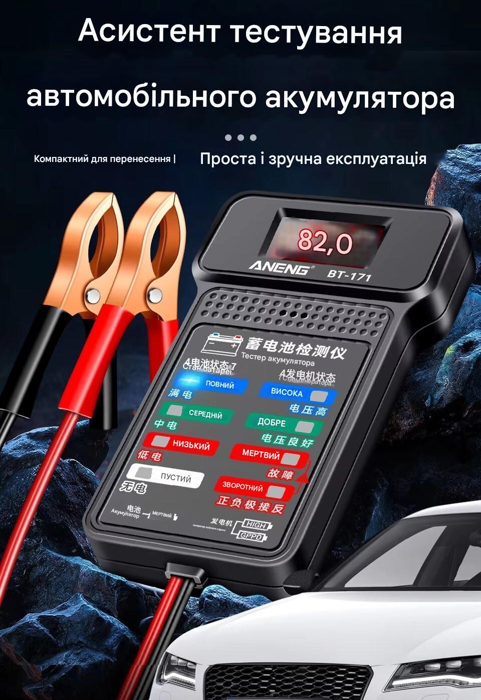 Автоматичний, багатофункціональний тестер акумулятора 12V ANENG BT-171