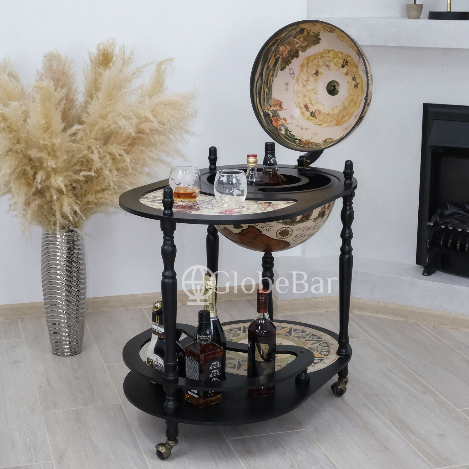 Глобус бар со столиком на 3-4 бутылки, диаметр 42 см, черно-белый (81 х 51 х 91 см), 42004W-B