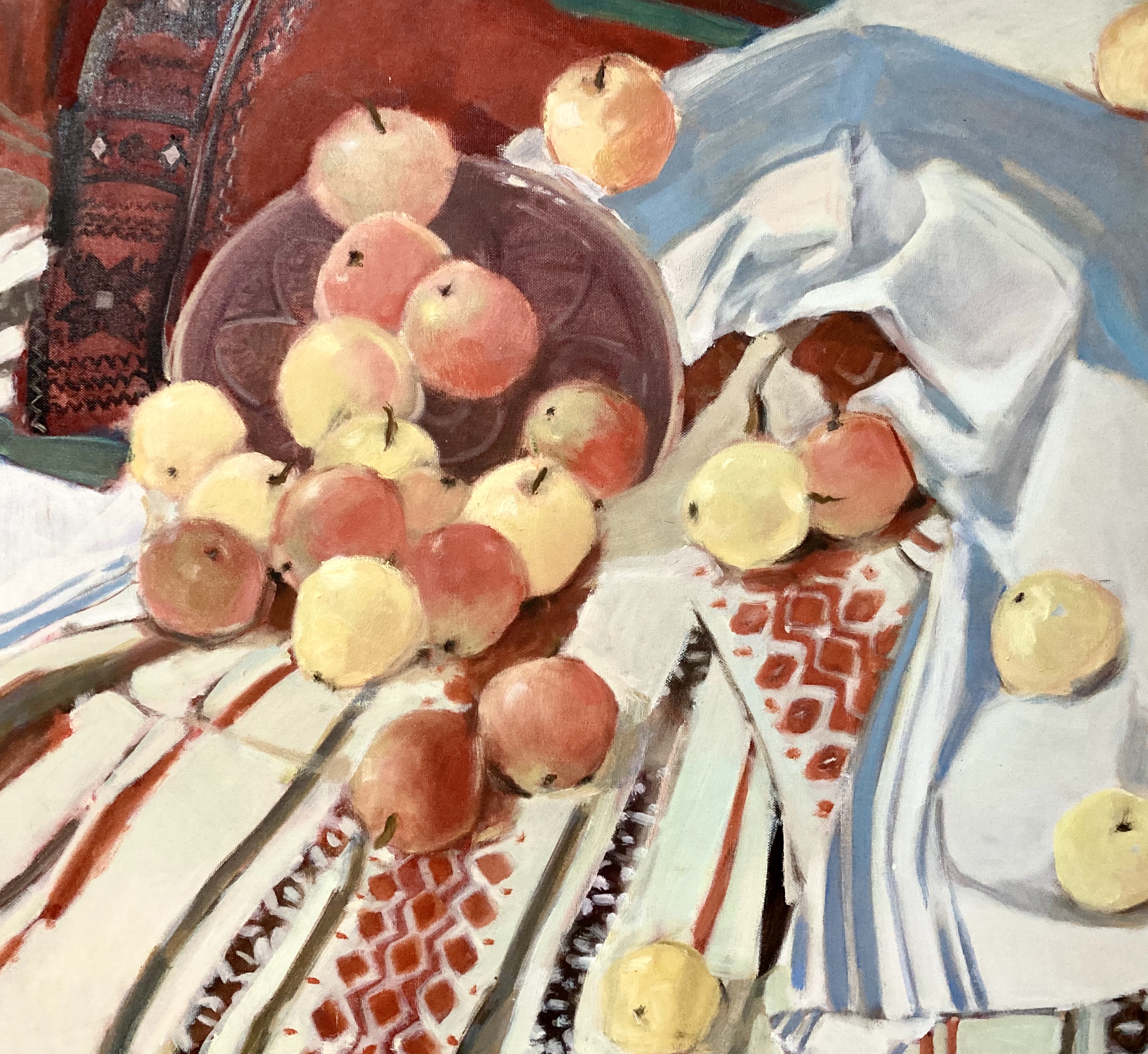 Apples shine silver on the carpet, 2020, 80х90 sm, oil on canvas