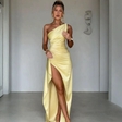 Sexy One Shoulder Satin Slit Dress For Women | Elegant Slim Fit Dress