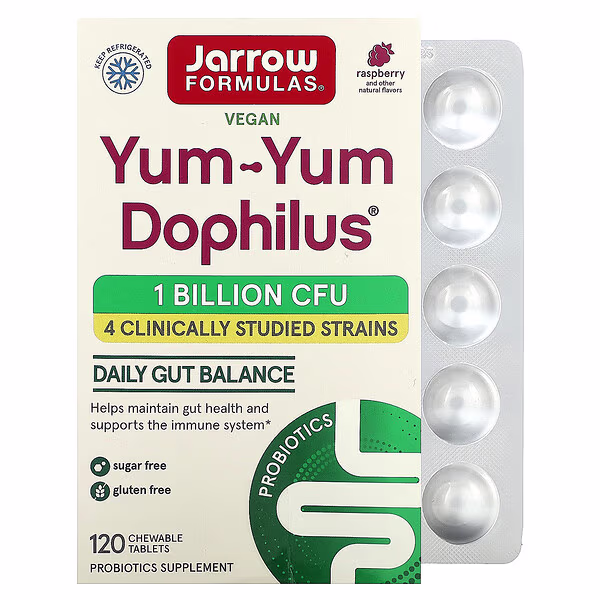 Jarrow Formulas, Yum-Yum Dophilus, Raspberry, 1 Billion CFU, 120 Chewable Tablets