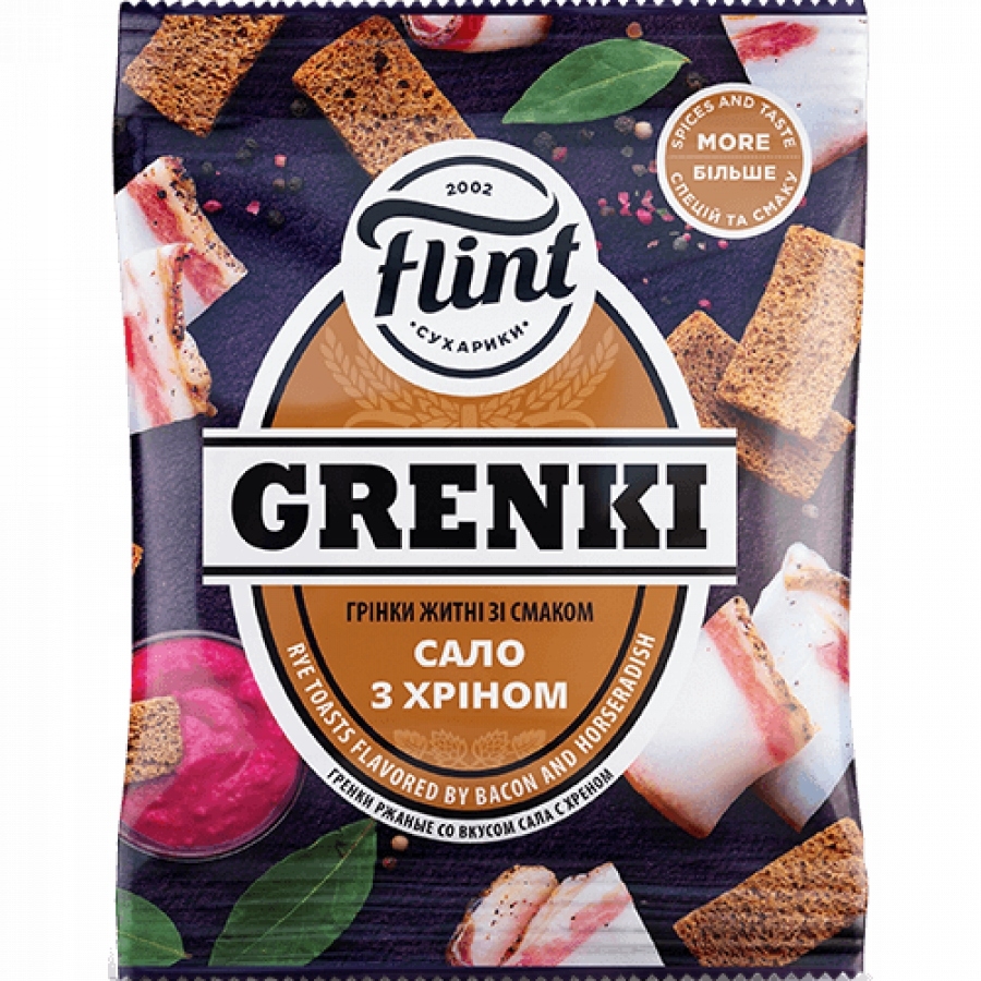 🇺🇦 "Flint" GRENKI, Pan tostado sabor tocino y rabano, 70 g.