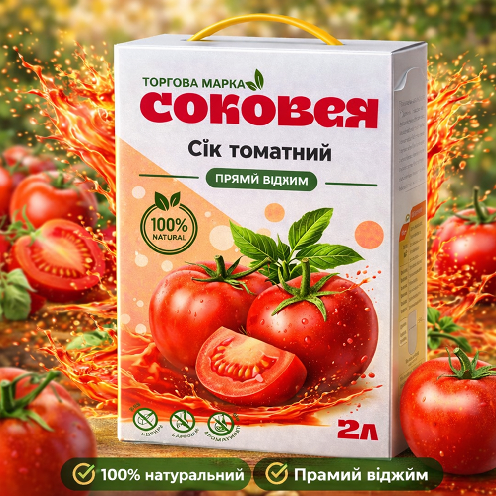 Сік томатний із сіллю та м’якоттю пастеризований 2 л