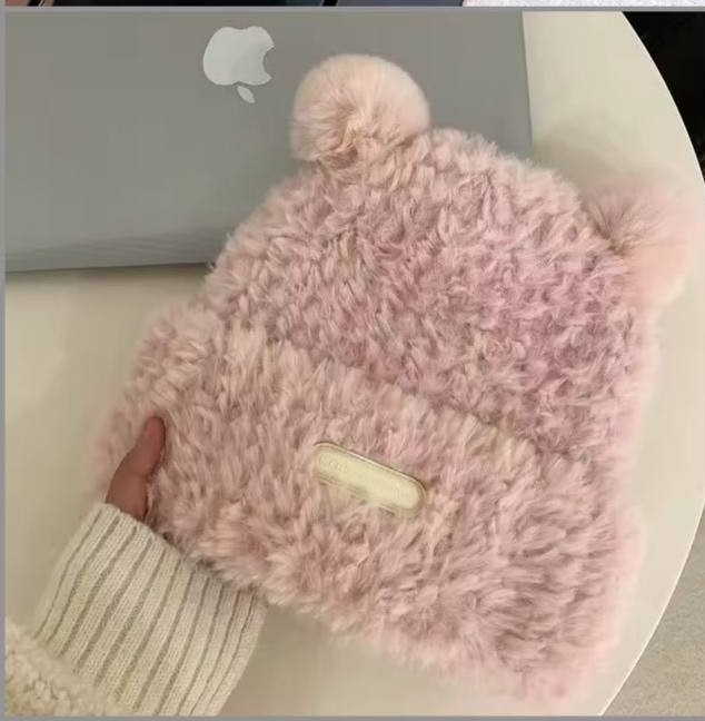 Дитяча пухнаста тепла шапка, ведмедик рожевий, шапка на дівчинку