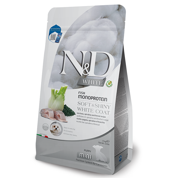 Фарміна дог сухий N&D Grain Free WHITE PUPPY MINI для цуценят з білою шерстю з сібасом, спіруліною та фенхелем, 1,5 кг 44921