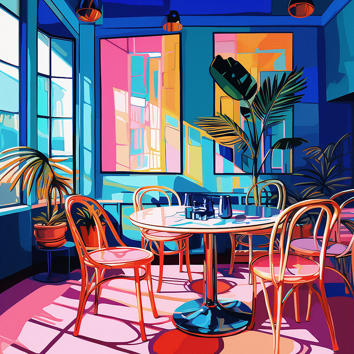 Empty cafe, 80x80 cm, original acrylic painting on canvas
