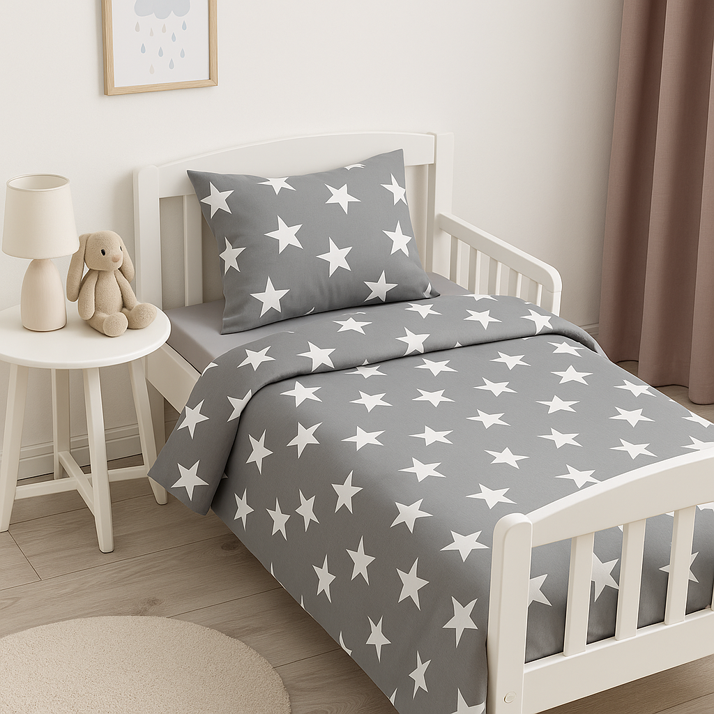 Дитяча постільна білизна ранфорс прінт  "Великі білі зірки на сірому"