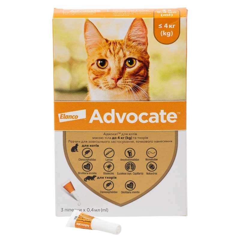 Advocate (Адвокат) by Elanco Animal - Протипаразитарні краплі для котів та тхорів від бліх, вошей, кліщів, гельмінтів (1 піпетка)  до 4 кг.