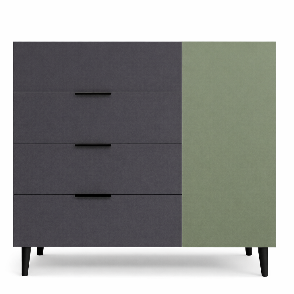 Комод з чотирма шухлядами та одними дверцятами з внутрішніми полицями на ніжках