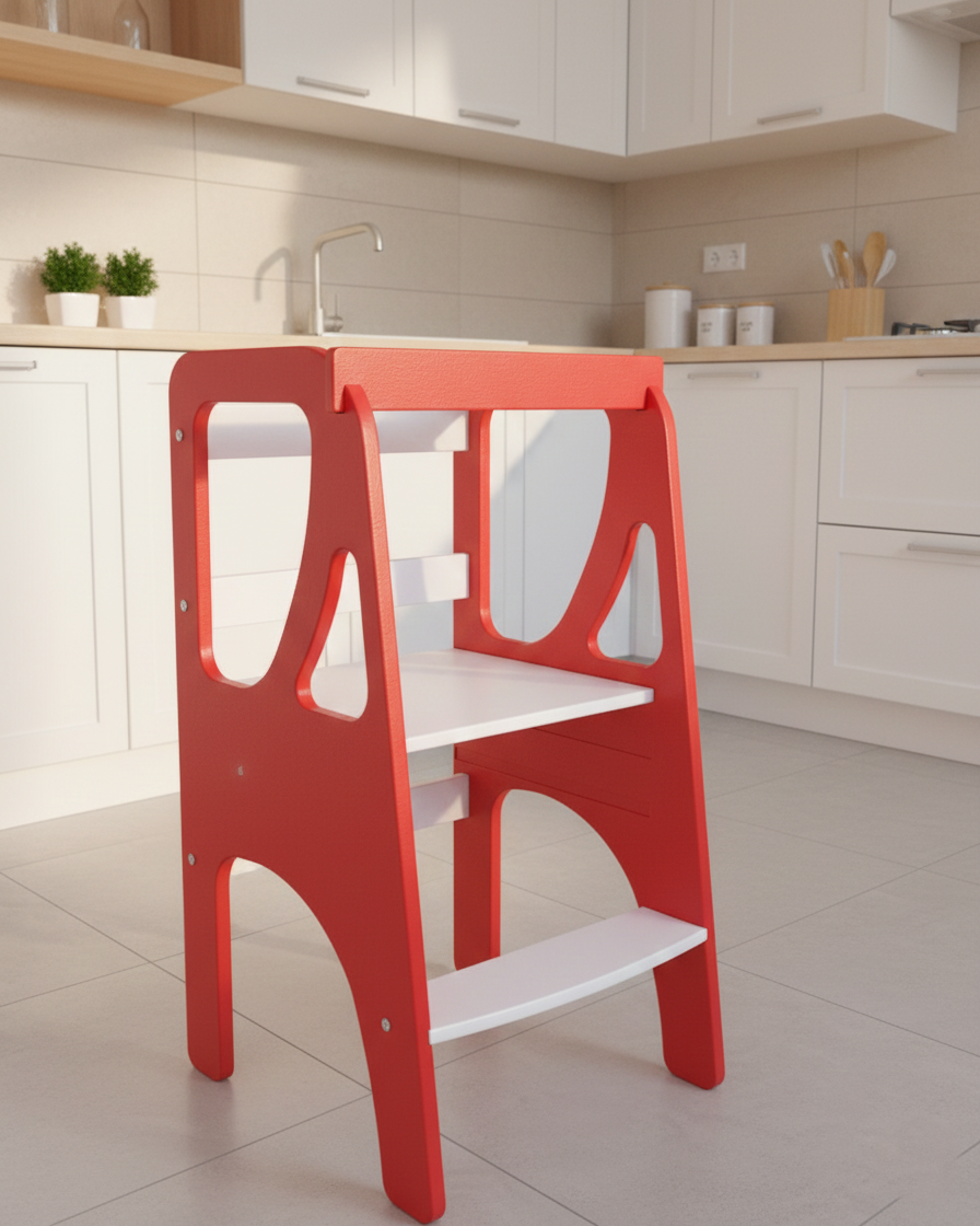 Вежа помічника Монтессорі дизайнерська регульована по висоті дерев'яна FunEra - Коралова/біла