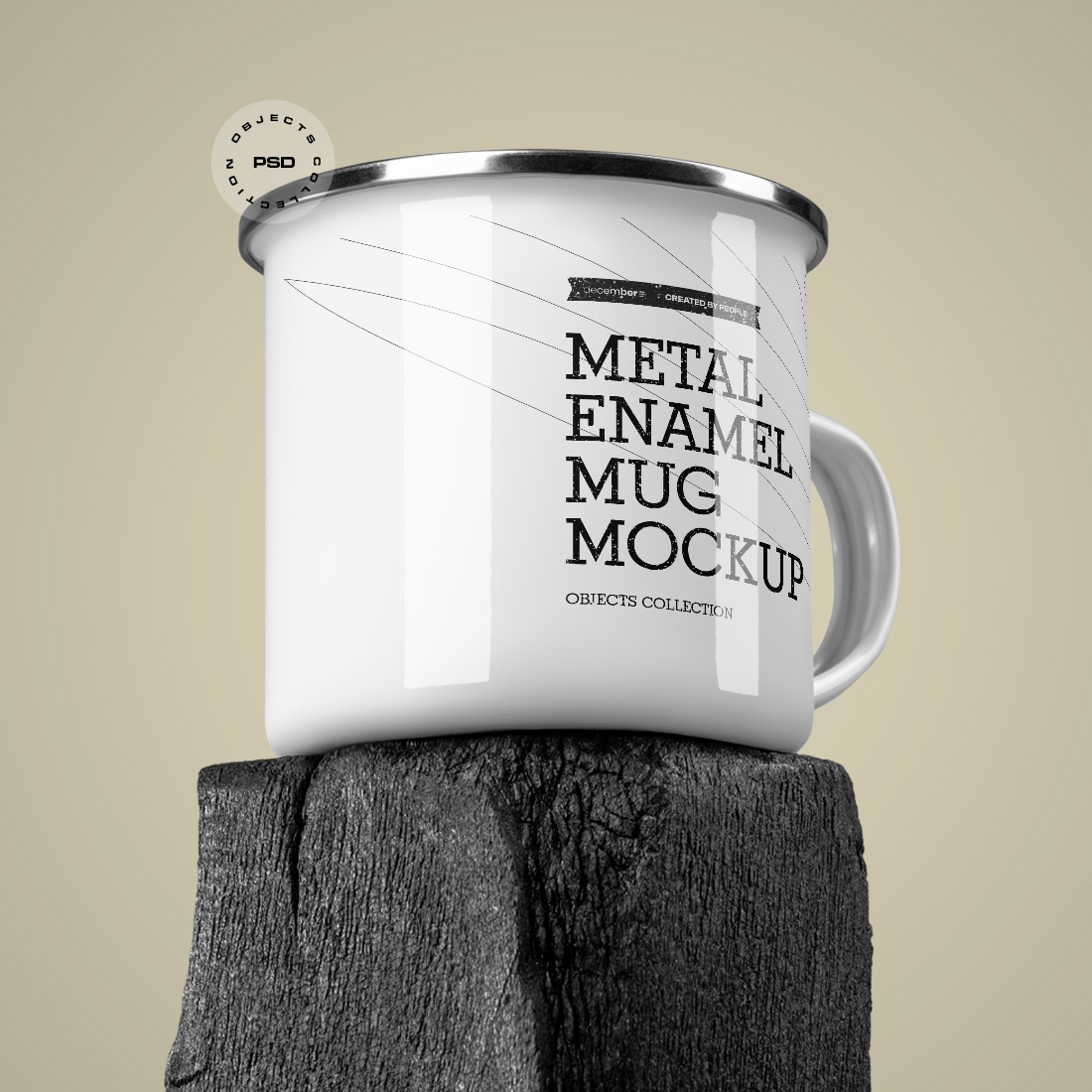 12 Mockups of Enamel Metal Mug on Burnt Wood Bar