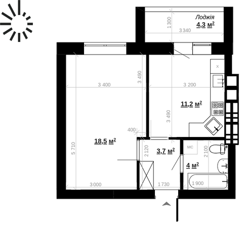 1-кімнатна квартира 39,5 м²