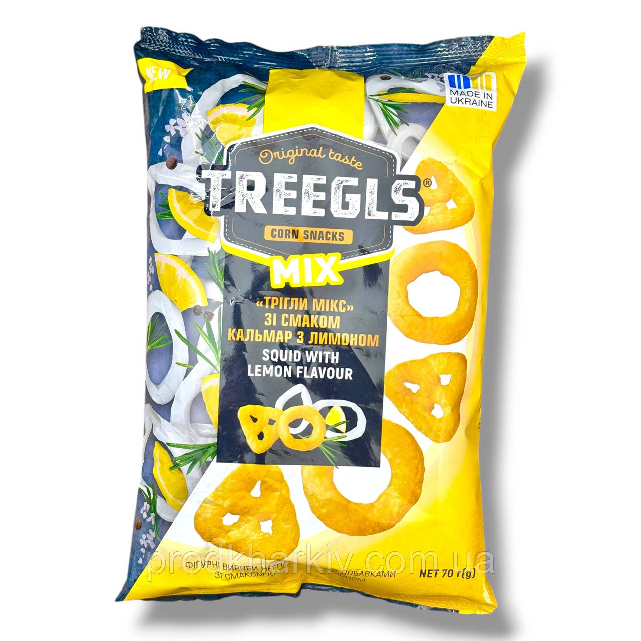 Кукурудзяні снеки Treegls Mix «Кальмар із лимоном» 70 г, хрусткі фігурні кільця Триглі Мікс