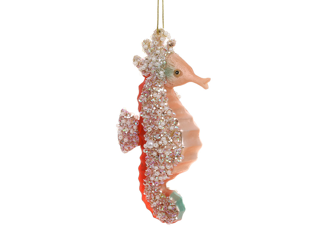 Ялинкова прикраса зі скла Морський коник з перлами та бісером 13.5, колір - кораловий NY29-484