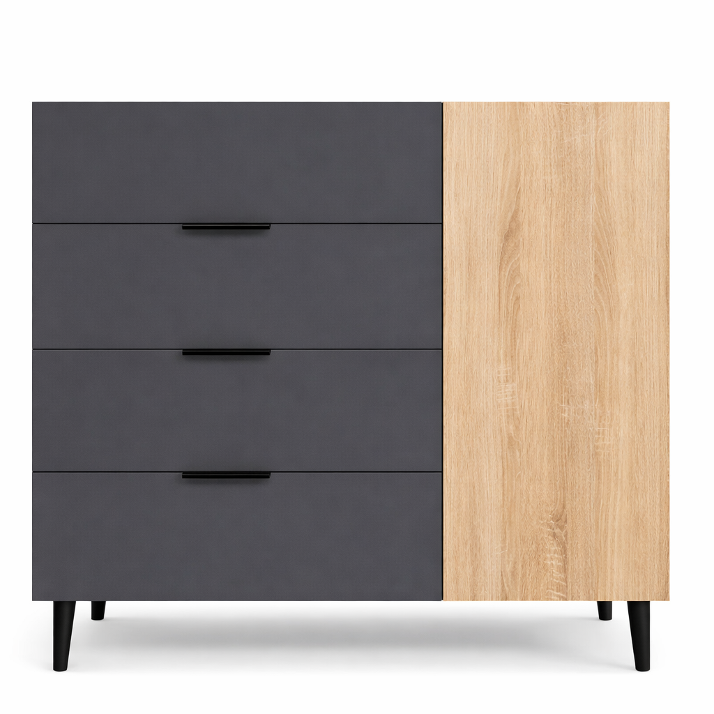 Комод з чотирма шухлядами та одними дверцятами з внутрішніми полицями на ніжках