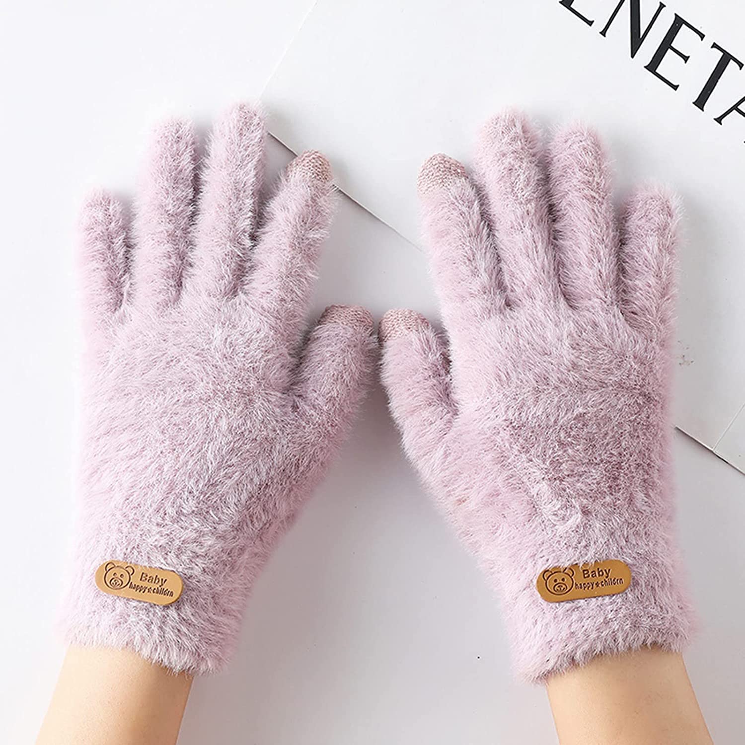 Теплі сенсорні рукавички, пухнасті фіолетові жіночі перчатки