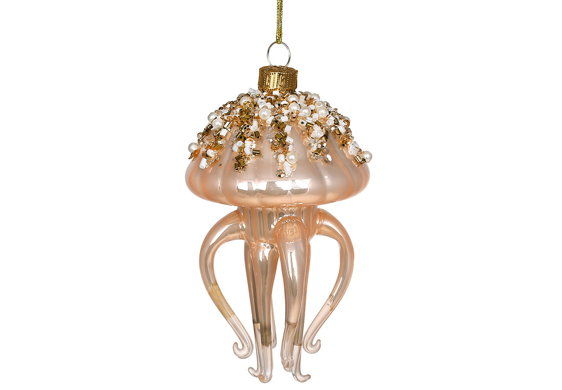 Ялинкова прикраса зі скла Медуза з перлами та бісером 12см, колір - шампань NY29-491