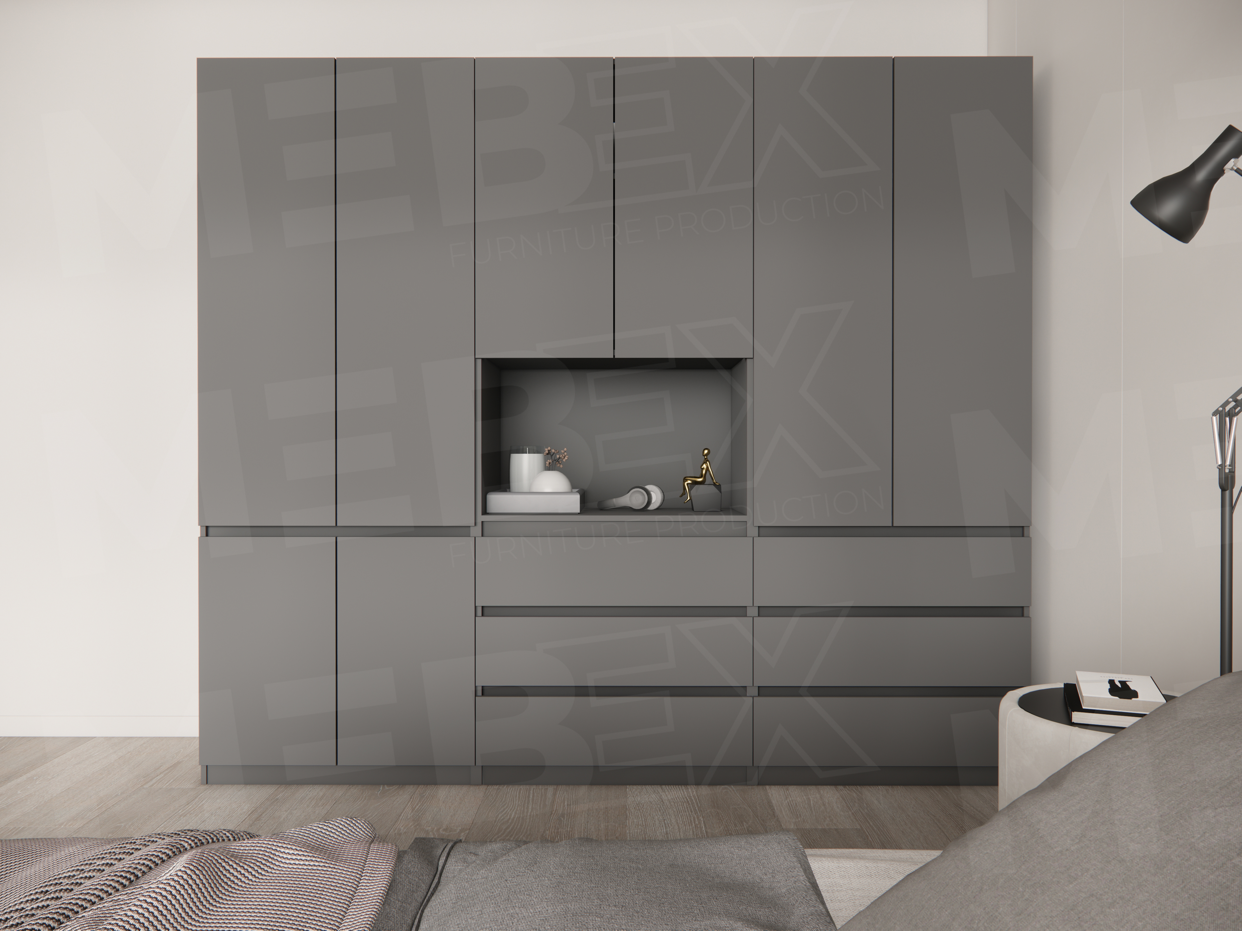 Велика шафа зі штангою для одягу, полицями, нішею та шухлядами