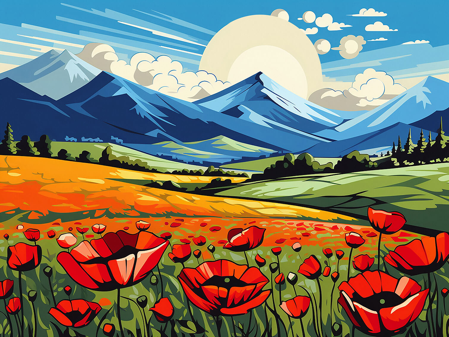 Poppies in the valley II, 60x80 cm, original acrylic painting on canvas