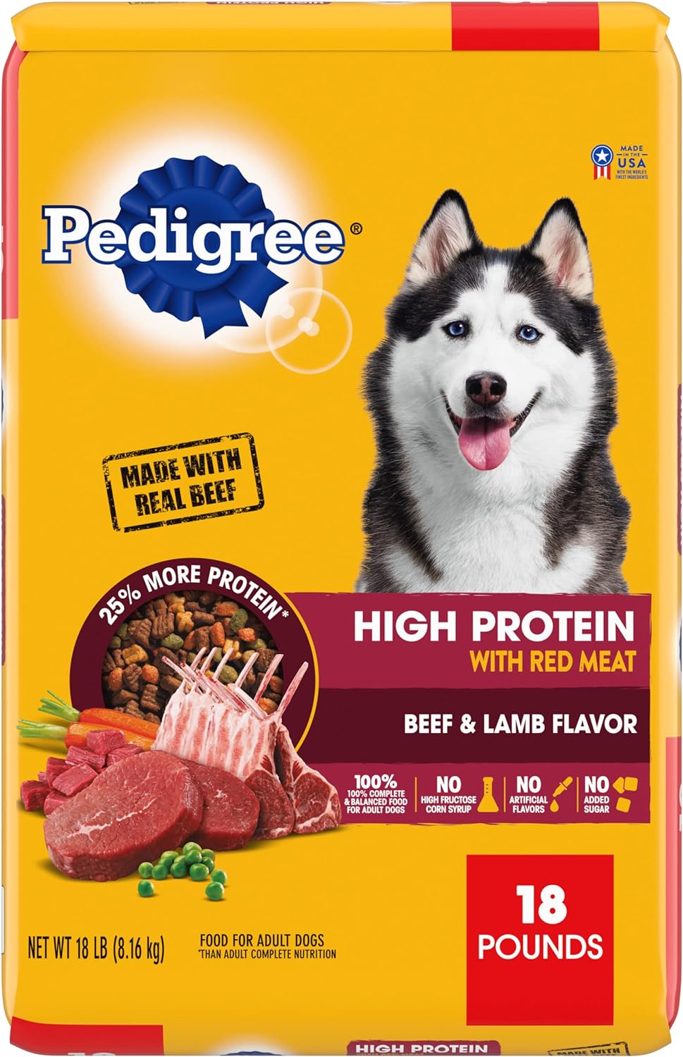 Pedigree High Protein Adult Dry Dog Food Beef and Lamb Flavor Dog Kibble, 18 lb. Bag