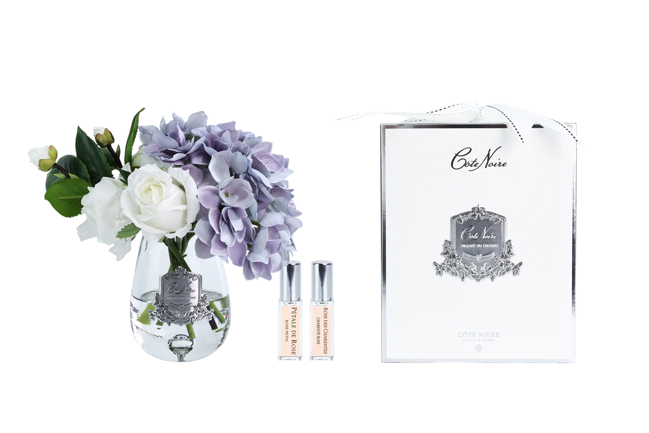 Аромаквіти Côte Noire «Гортензія» Tea Rose Pink у прозорій композиції, синьо-білі