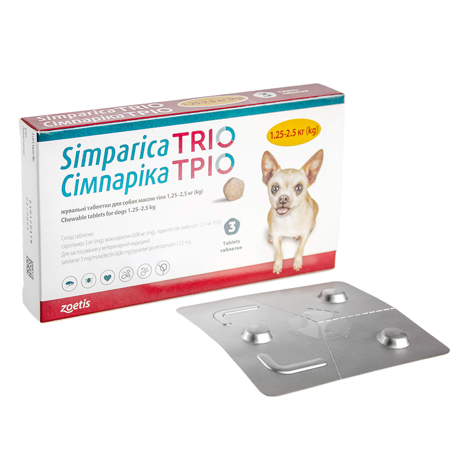 Сімпаріка ТРІО табл д/собак від бліх,кліщів,гельмінтів  1,25-2,5кг №3