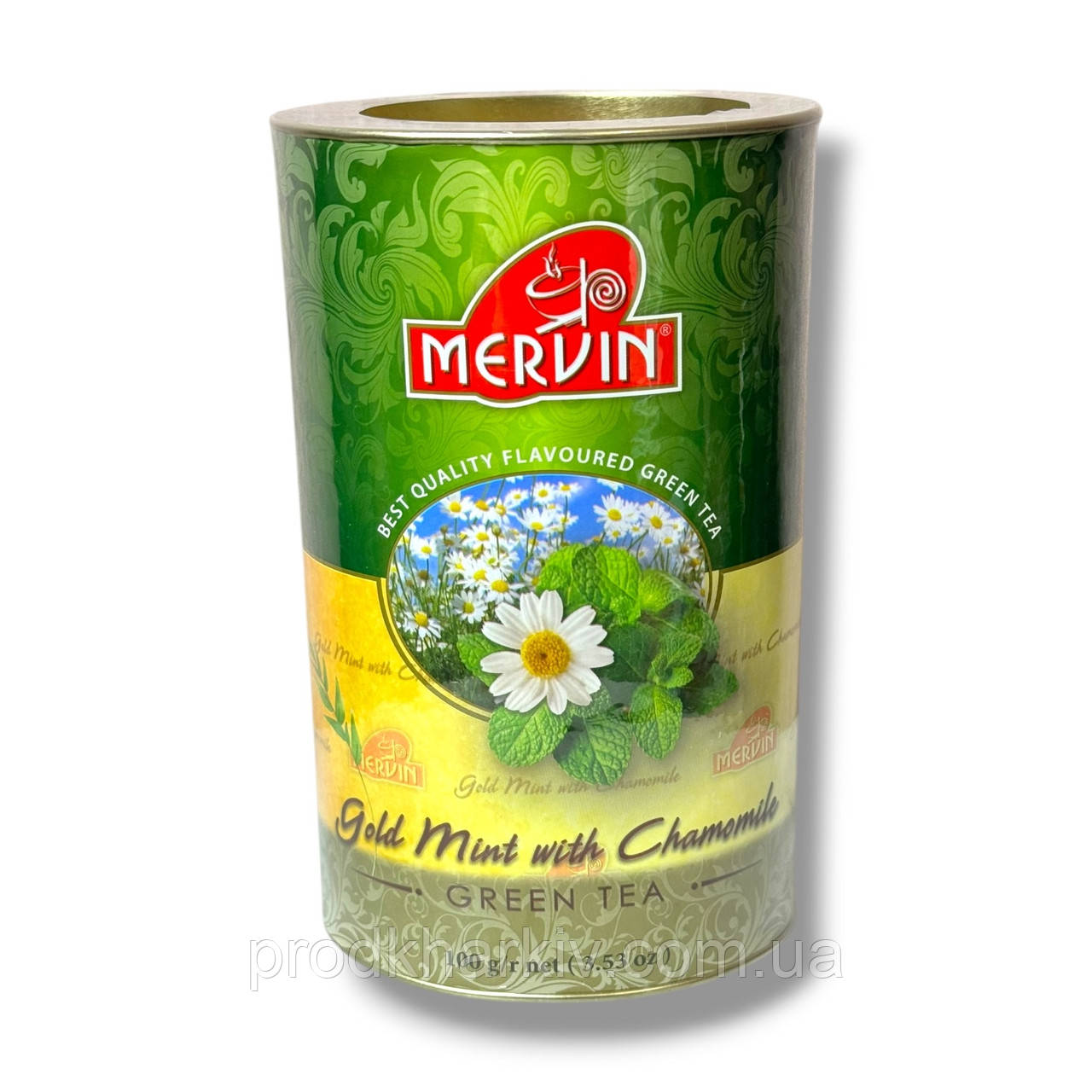 Чай зелений Mervin Gold Mint with Chamomile (Золота м'ята та ромашка), 100 г, з/б туба