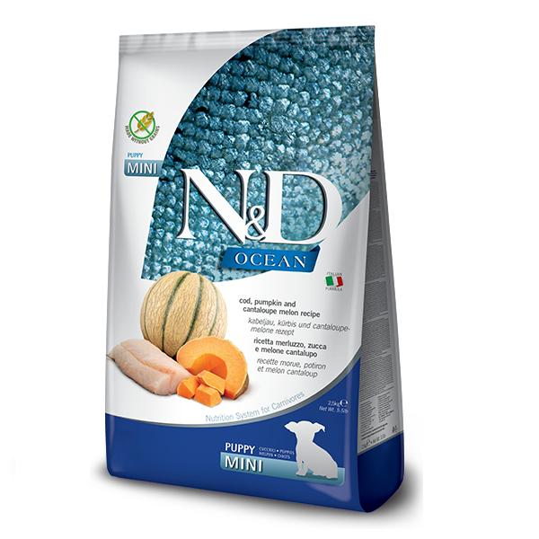 Фарміна дог сух N&D Grain Free OCEAN COD, PUMPKIN & CANTALOUPE MELON PUPPY MINI з тріскою та динею 2,5 kg 38791