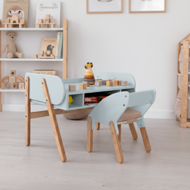 Дитячий столик і стільчик регульований по висоті деревяний дизайнерський Брунька блакитний