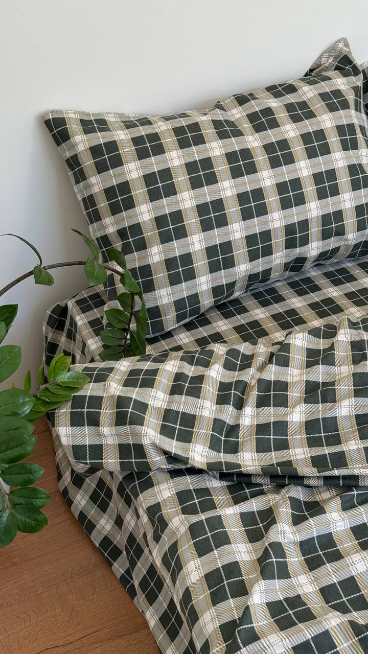 Тепла постільна білизна Фланель (байка) клітка зелена