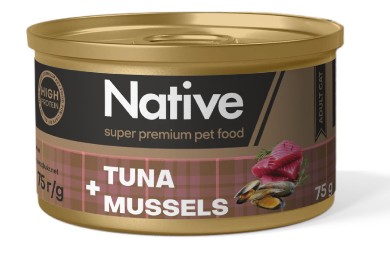 Native Tuna with Mussels Adult Cat - натуральний консервований корм з тунцем і мідіями для котів, 75г