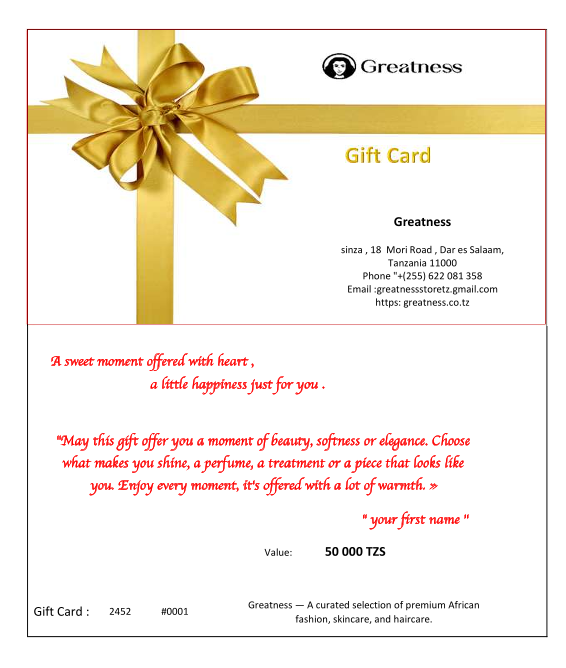 Greatness - Gift Card  " A Gift for You ".