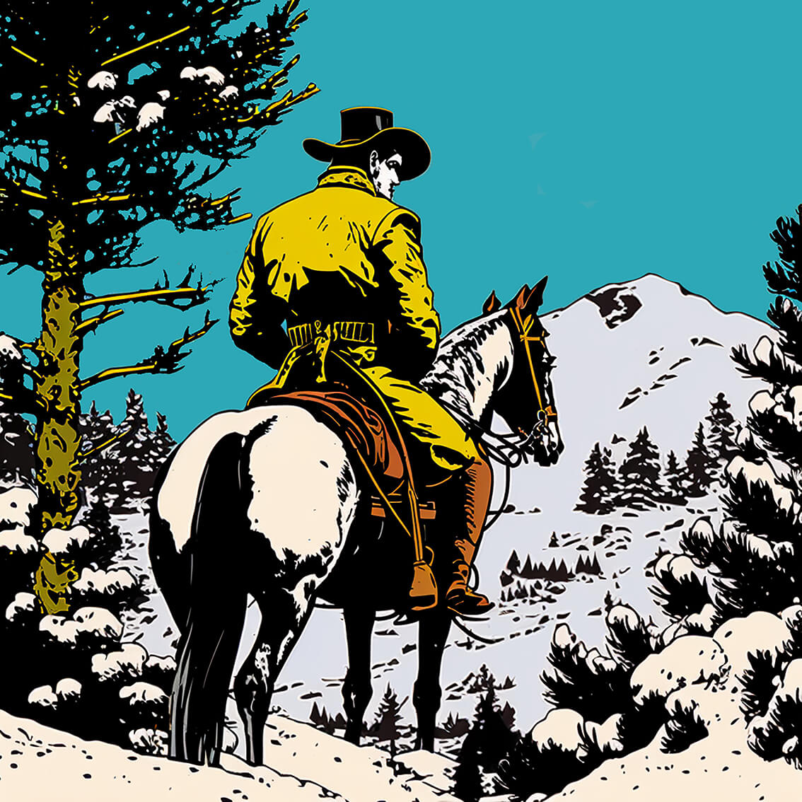 Cowboy in mountain, 30x30 cm, original acrylic painting on paper