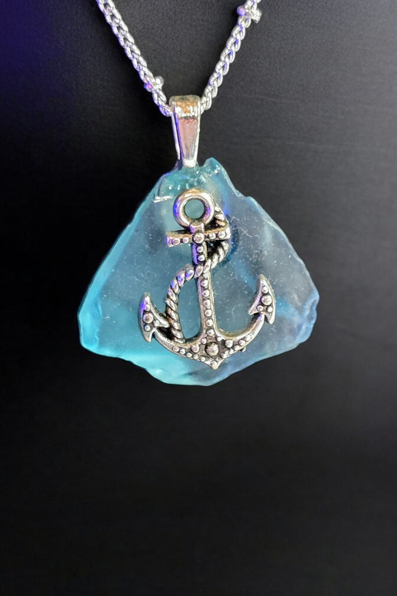 Ice Blue Anchor Sea Glass Necklace