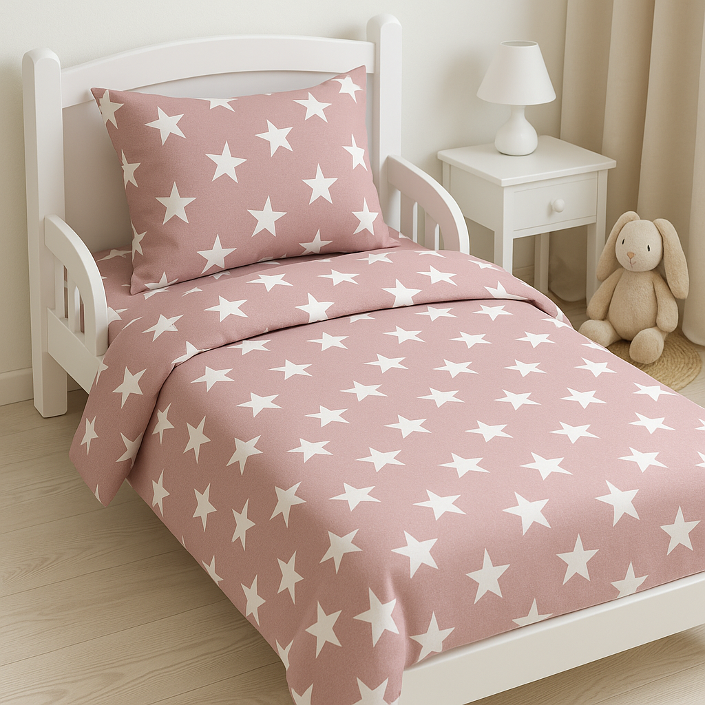 Дитяча постільна білизна ранфорс прінт  "Великі білі зірки на рожевому"