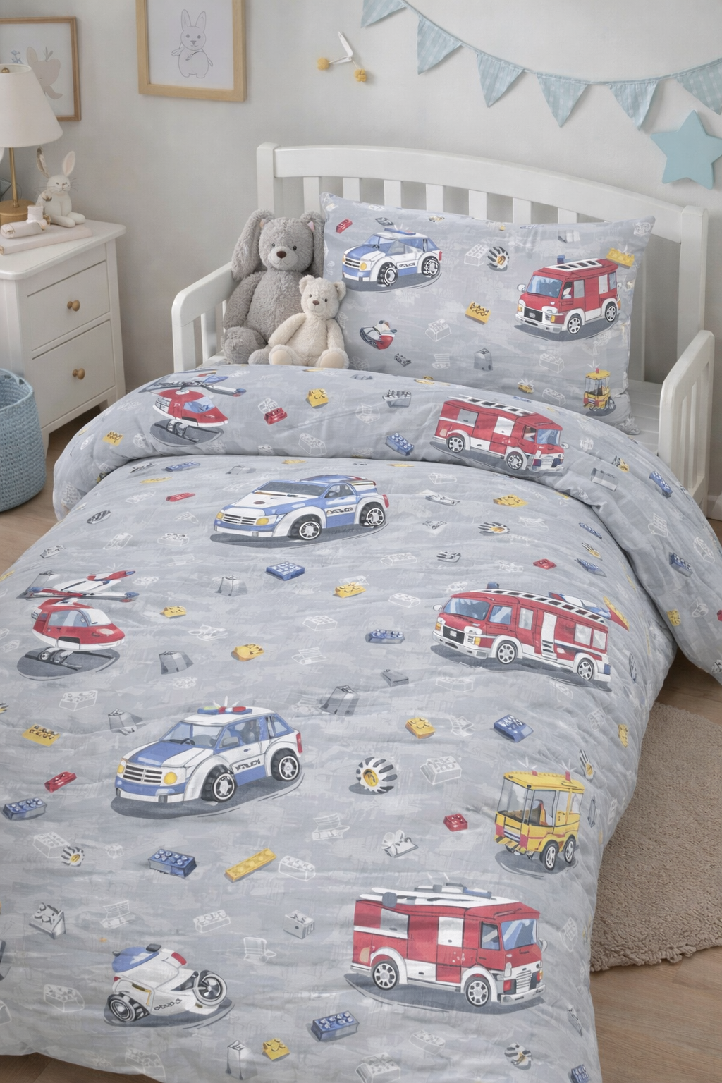 Постільна білизна для хлопчиків ранфорс прінт  "Пожежні машини на сірому"