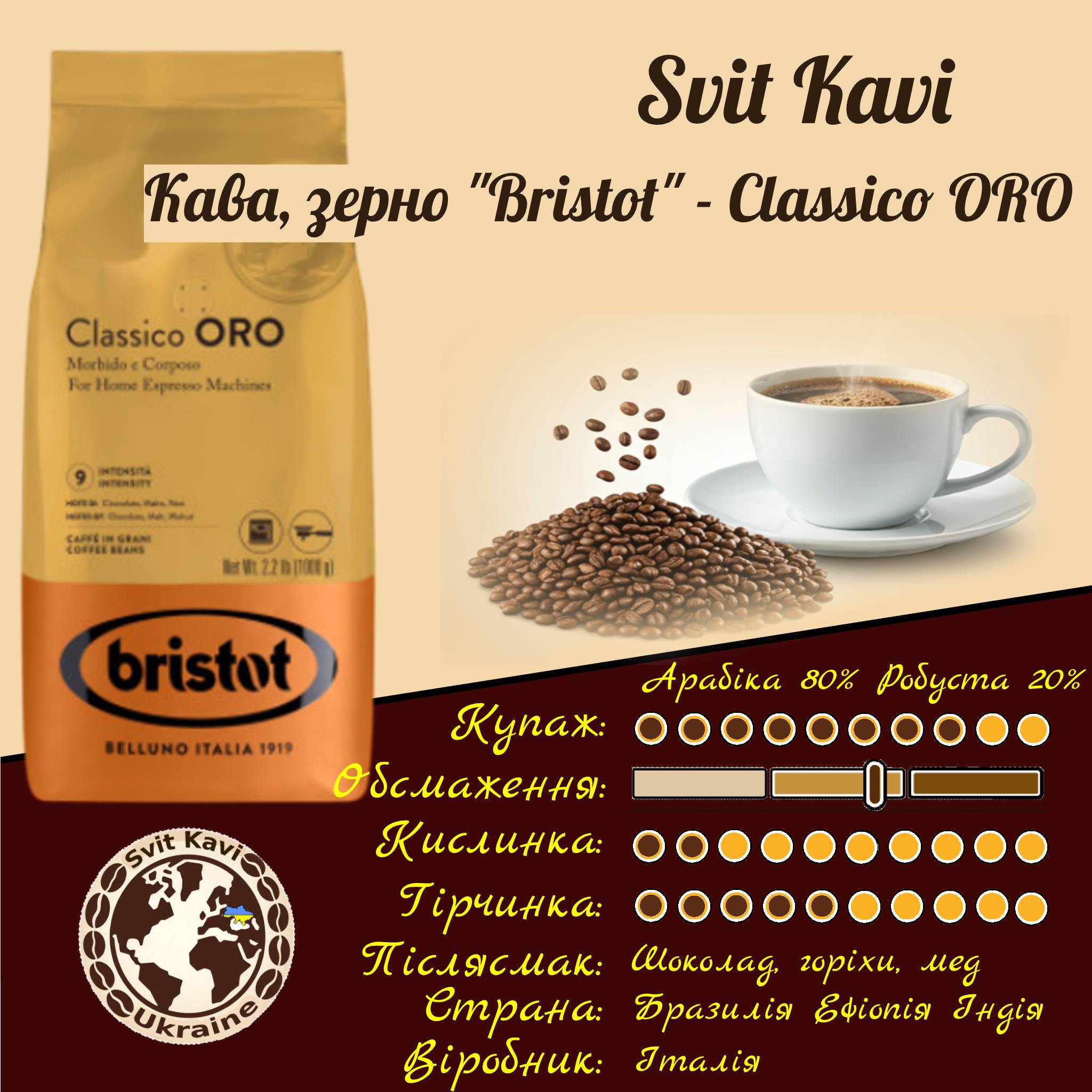 Кава в зернах Bristot Classico ORO, 80%+Робуста 20%  Італія, 1 кг