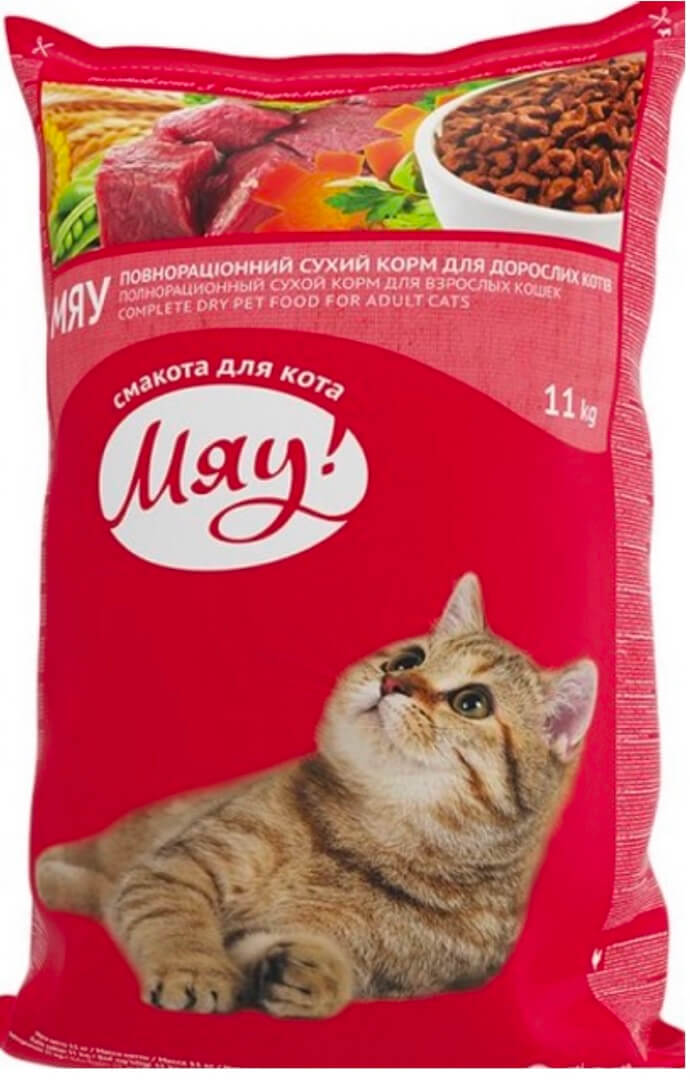 Мяу сухий корм для д/котів з м’ясом 11кг