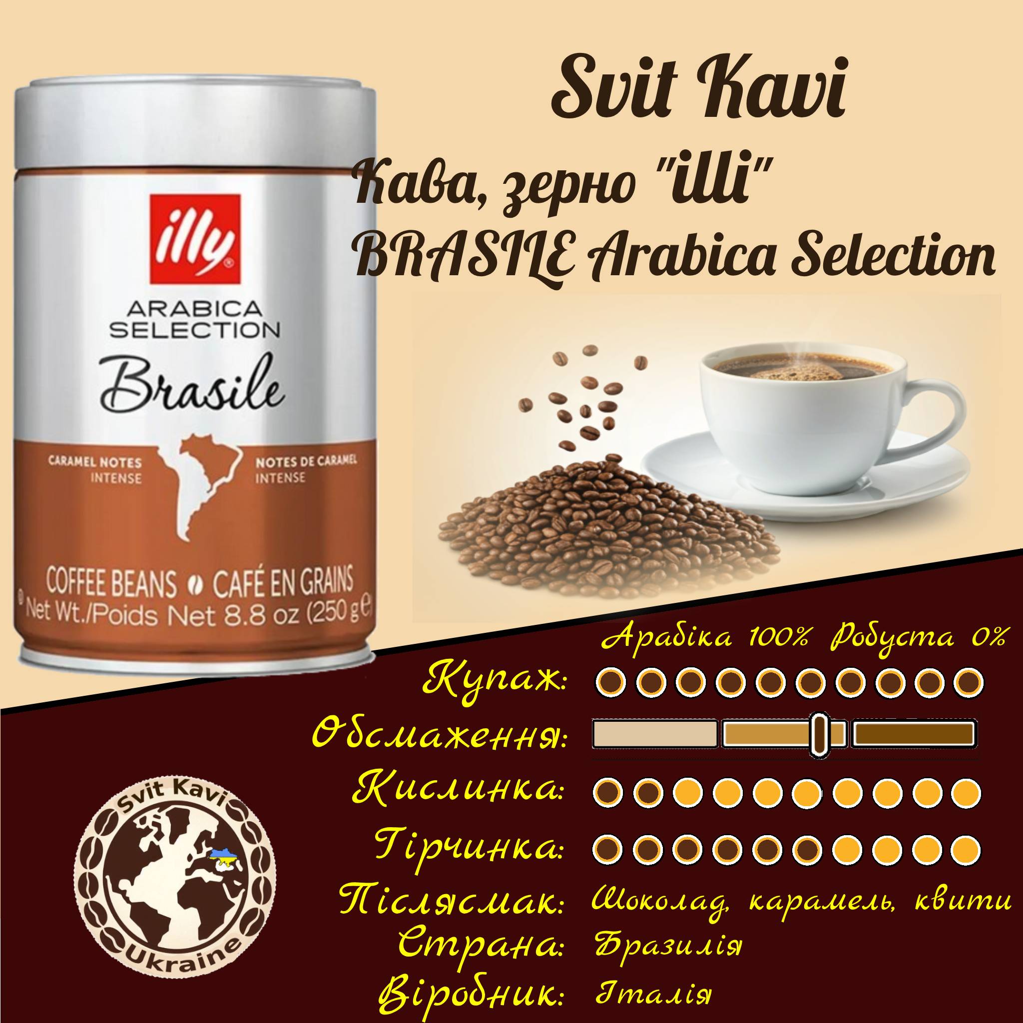 Кава в зернах illy BRASILE Arabica Selection Арабіка100%+Робуста 0% банка 0,25кг. Італія