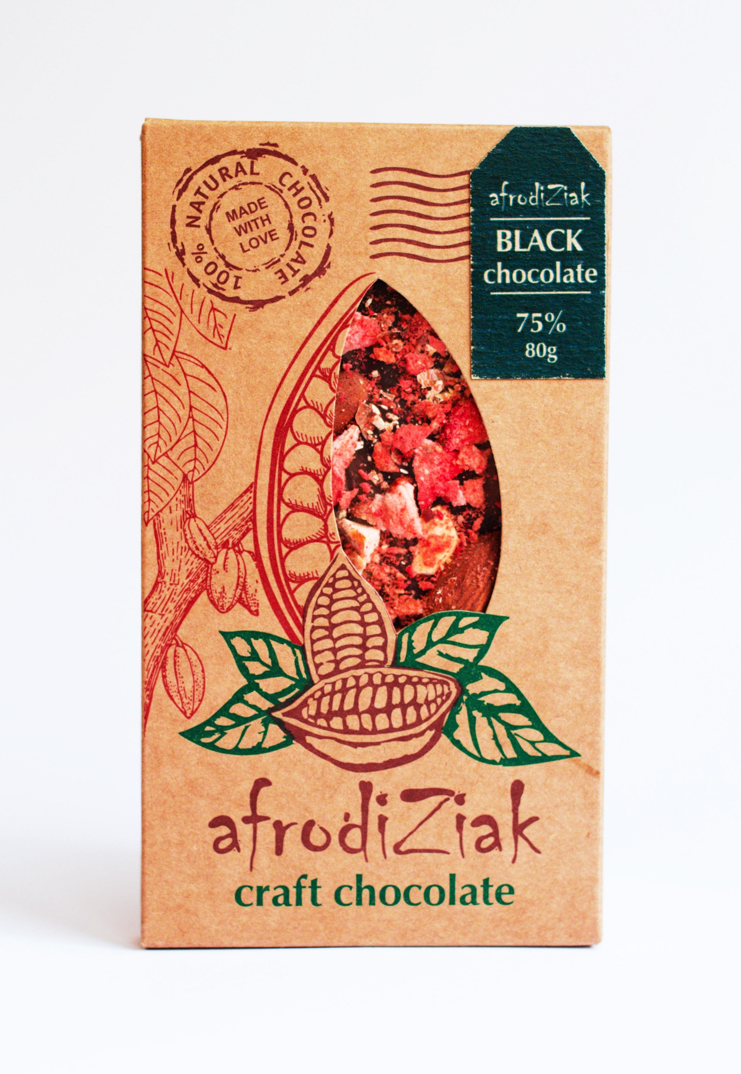 Темний Шоколад на ксиліті 75 % з мигдалем та полуницею.ТМ Afrodiziak