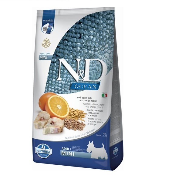 Фарміна дог сух N&D Low Grain Ocean ADULT MINI з тріскою та апельсином 7 kg 36605