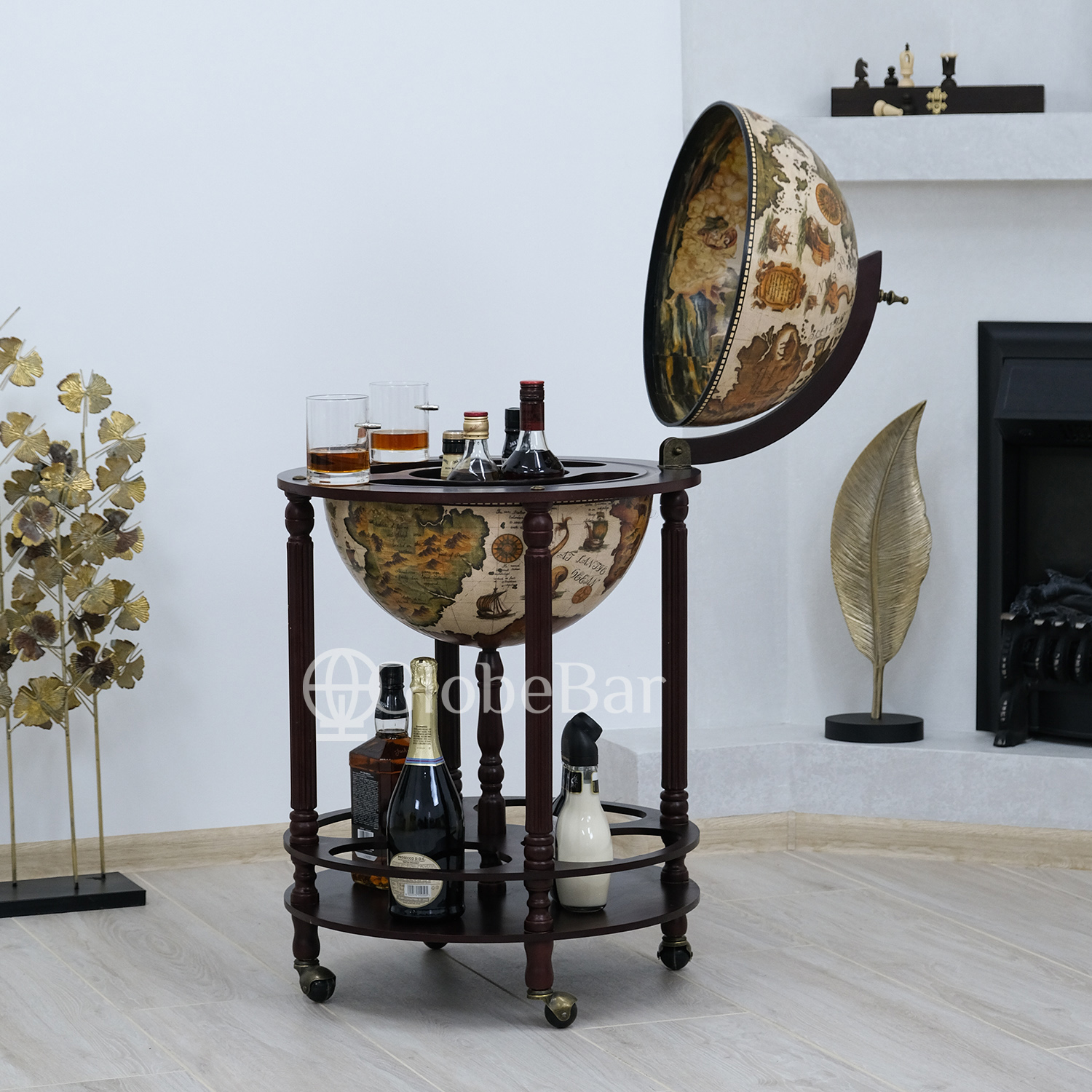 Глобус-бар напольный на 3-4 бутылки, диаметр 42 см, бежевый (50 х 50 х 90 см), 42003W-R