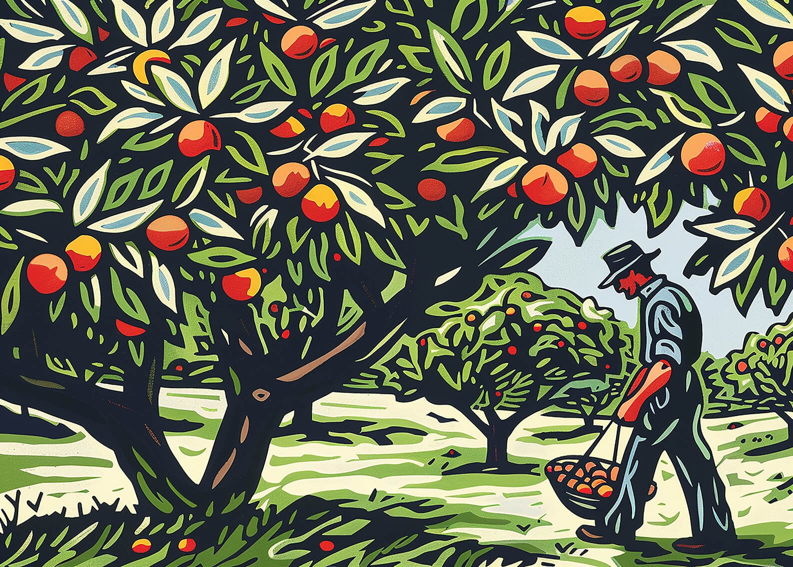 Fruit picking, 30x42 cm original acrylic painting on paper