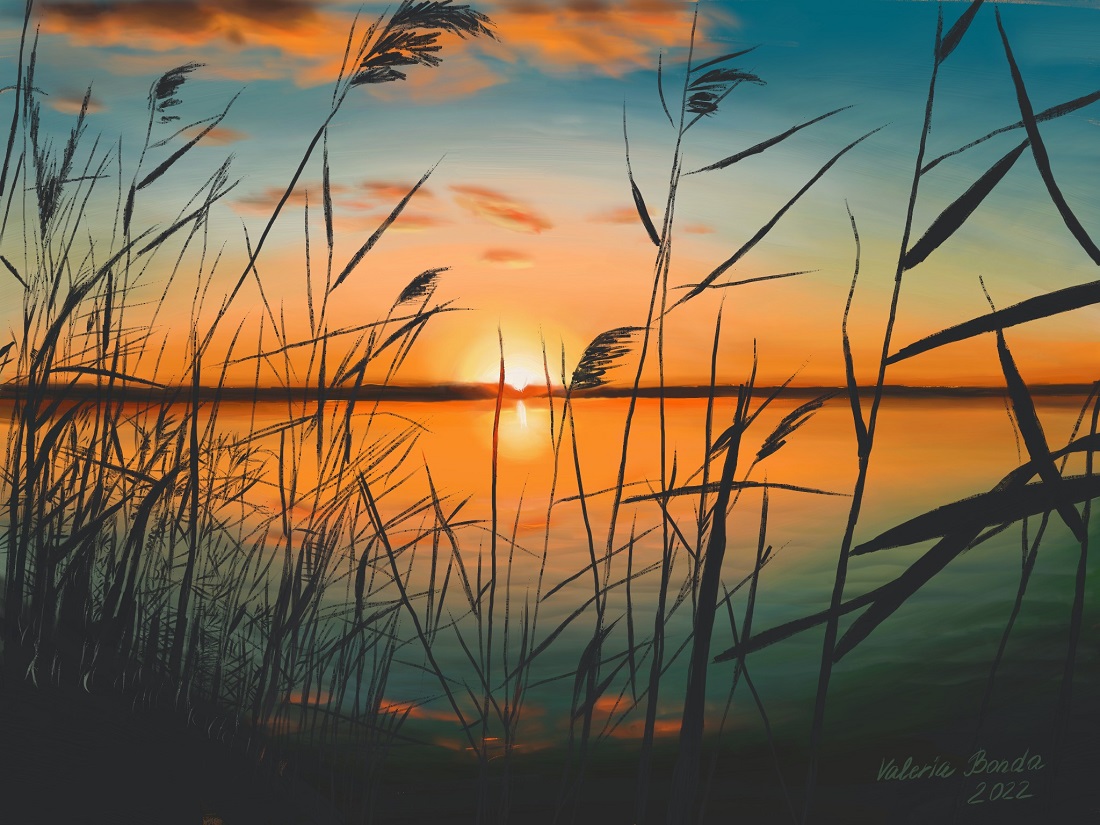 "Evening on the River". Original digital print by Valeria Bonda, printed on a hoodie (unisex)